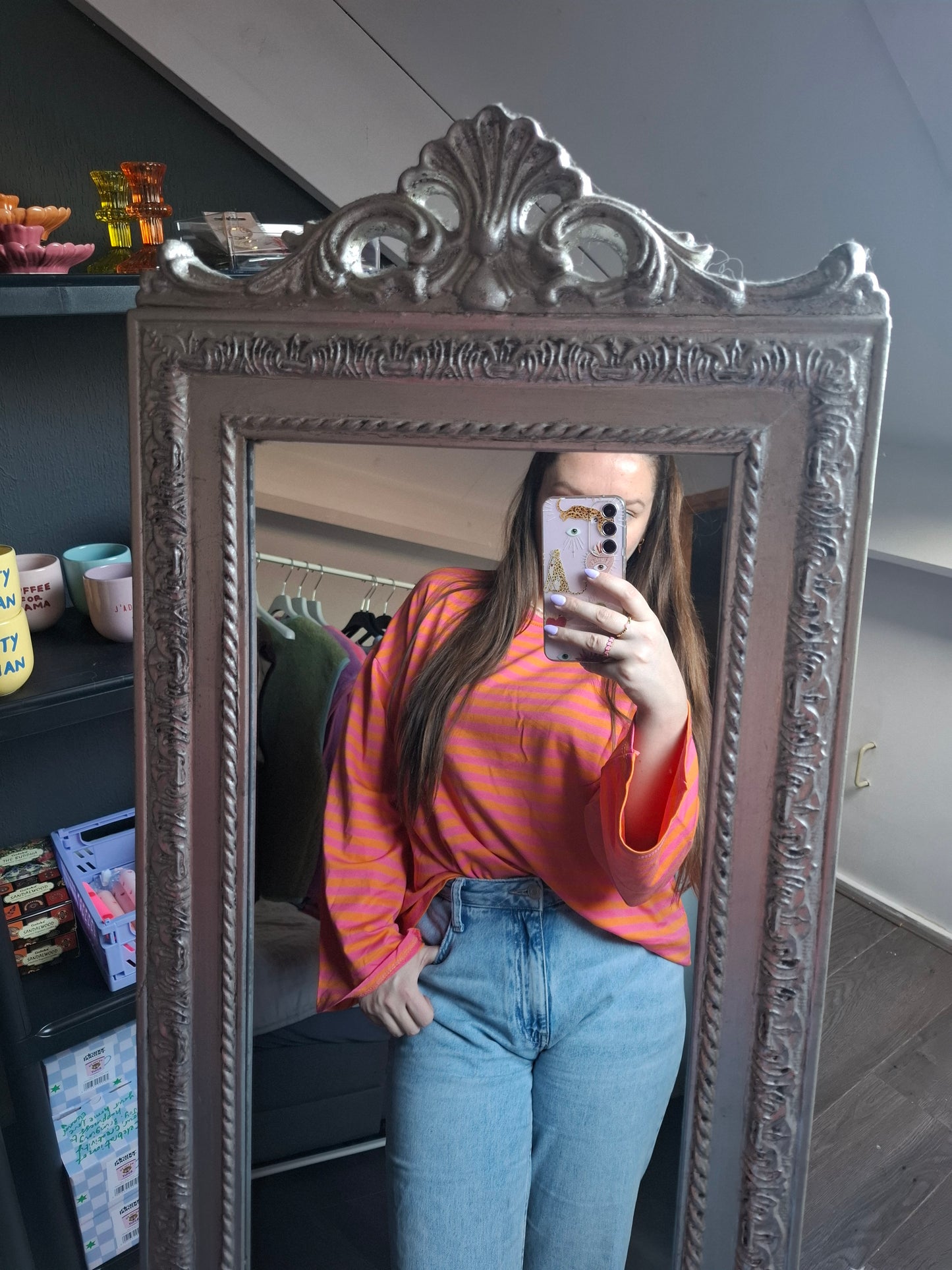 Gestreepte longsleeve roze/oranje