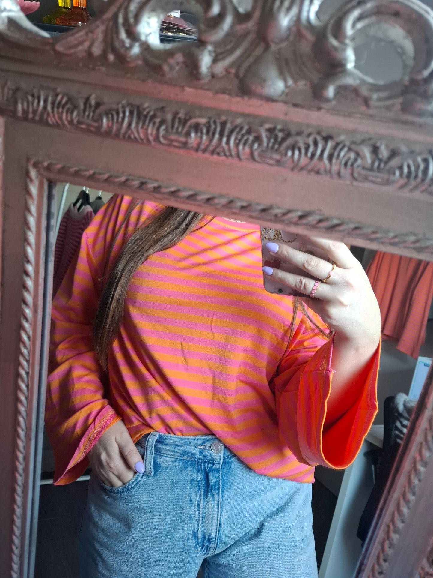 Gestreepte longsleeve roze/oranje